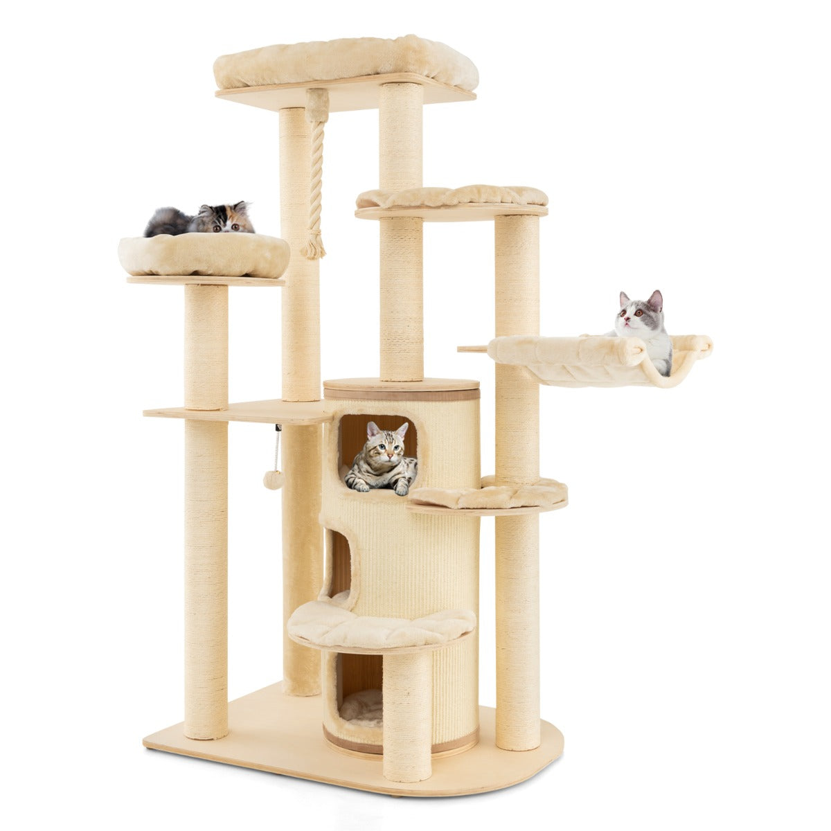 NNECW Multi-Level Cat Tree with 3-story Cat Condo &amp; 2 Perches &amp; Spring Ball-Beige