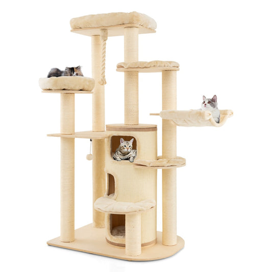 NNECW Multi-Level Cat Tree with 3-story Cat Condo &amp; 2 Perches &amp; Spring Ball-Beige