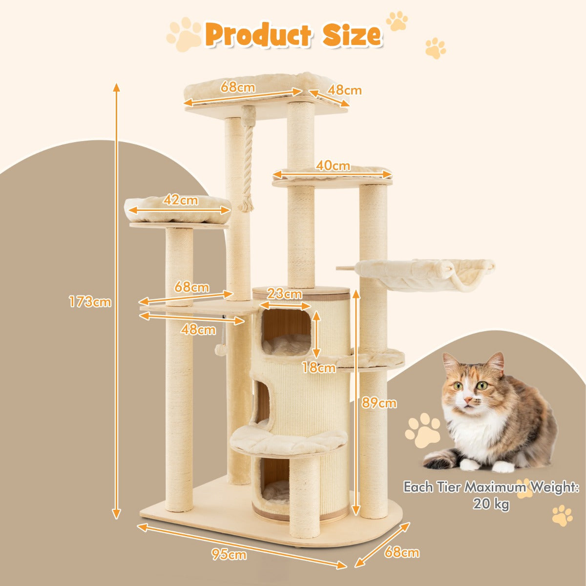 NNECW Multi-Level Cat Tree with 3-story Cat Condo &amp; 2 Perches &amp; Spring Ball-Beige