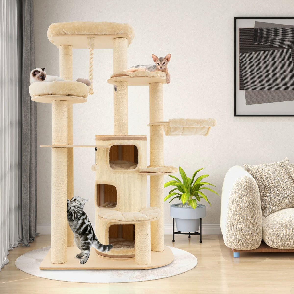 NNECW Multi-Level Cat Tree with 3-story Cat Condo &amp; 2 Perches &amp; Spring Ball-Beige