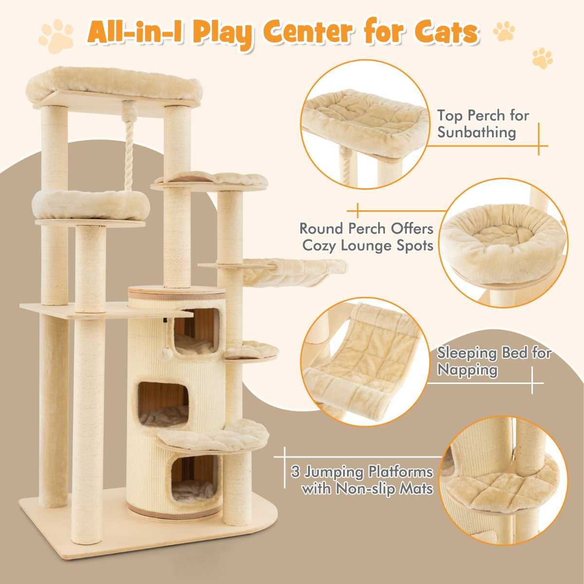 NNECW Multi-Level Cat Tree with 3-story Cat Condo &amp; 2 Perches &amp; Spring Ball-Beige