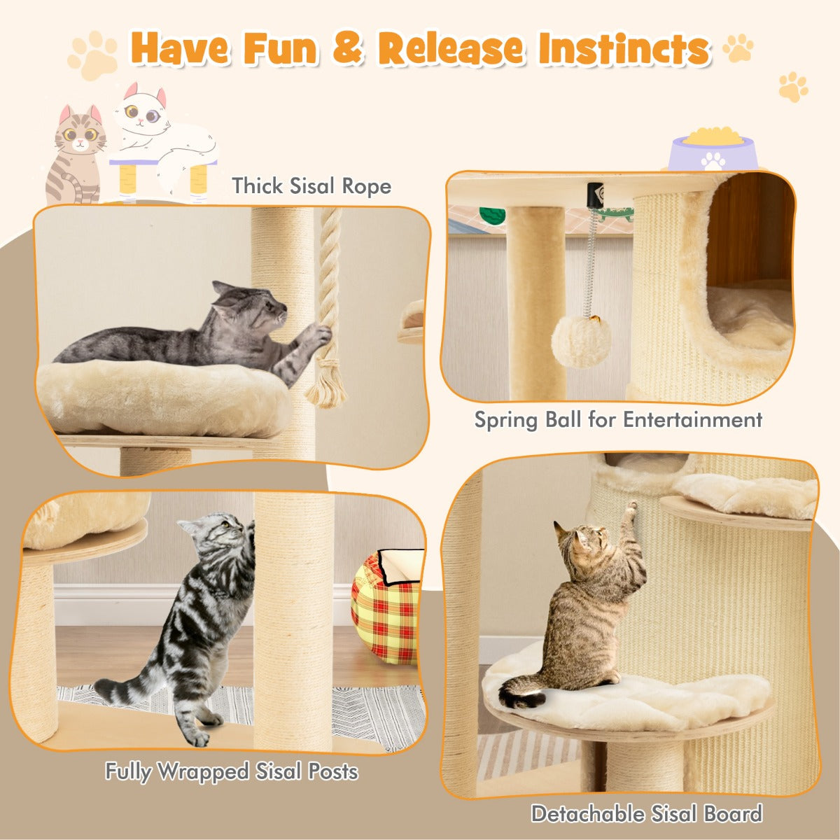 NNECW Multi-Level Cat Tree with 3-story Cat Condo &amp; 2 Perches &amp; Spring Ball-Beige